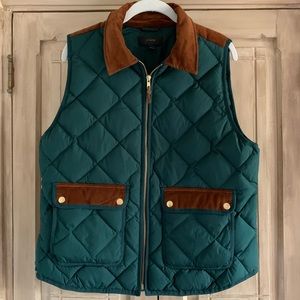 J Crew Rare Puffer Vest Green with Brown Corduroy